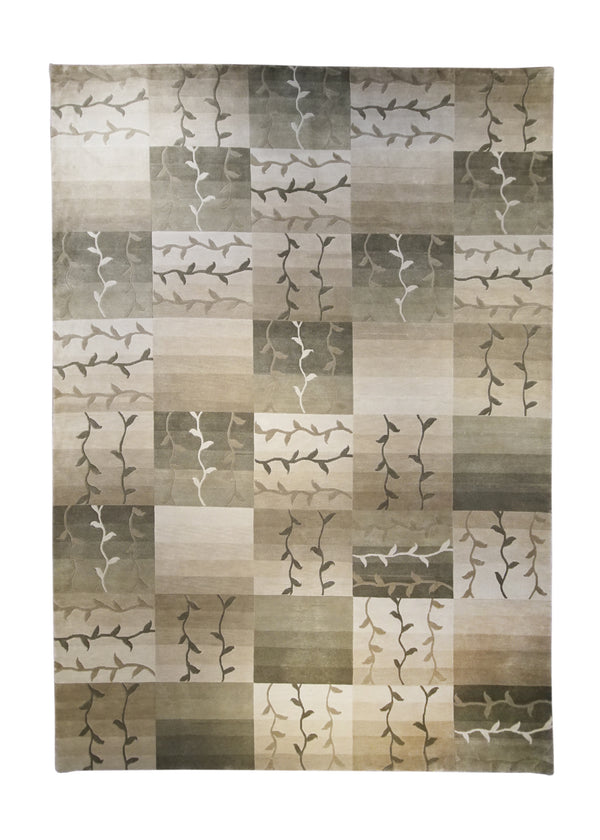 Oriental Rug Nepalese Handmade Area Modern 8'11"x12'10" (9x13) Whites/Beige Green Floral Checkered Design #A23335