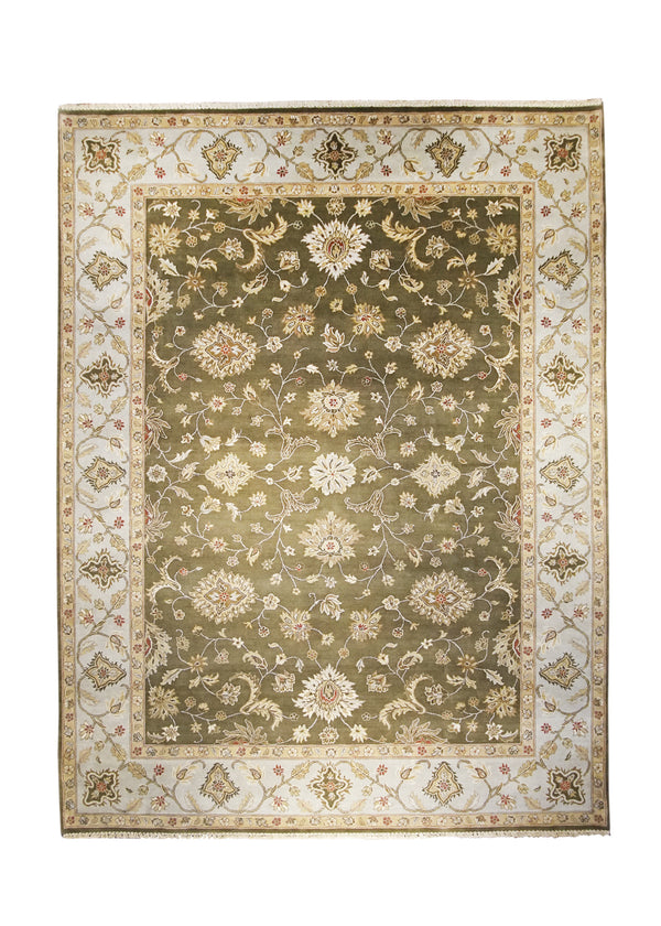 Oriental Rug Indian Handmade Area Transitional 9'0"x11'9" (9x12) Green Yellow/Gold Whites/Beige Tea Washed Design #A23525
