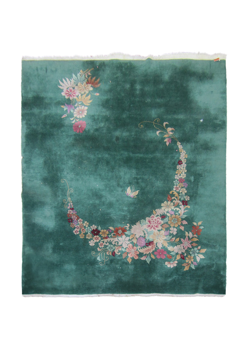 Oriental Rug Chinese Handmade Area Traditional 7'11"x9'6" (8x10) Green Pink Fetti Art Deco Floral Design #A23562