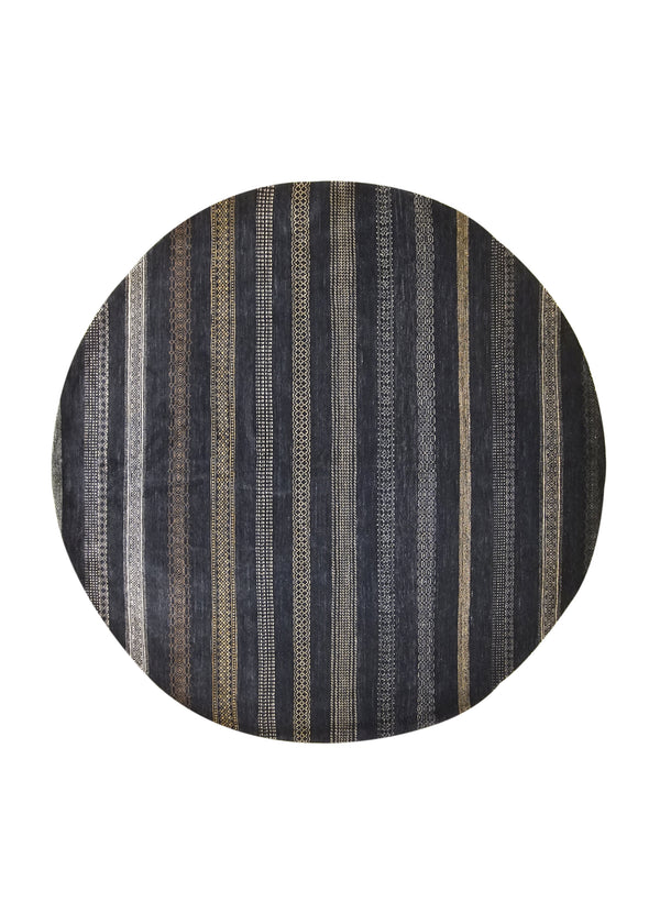 Oriental Rug Pakistani Handmade Round Transitional 7'11"x8'2" (8x8) Gray Black Gabbeh Stripes Design #A23686