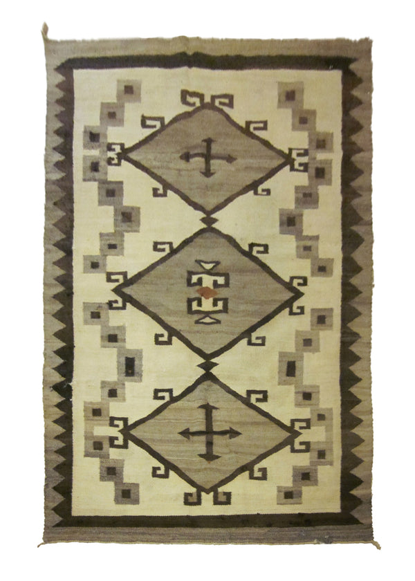 Native American Rug Navajo Handmade Area Tribal Antique 4'8"x6'9" (5x7) Whites/Beige Brown Gray Geometric Design #A23723