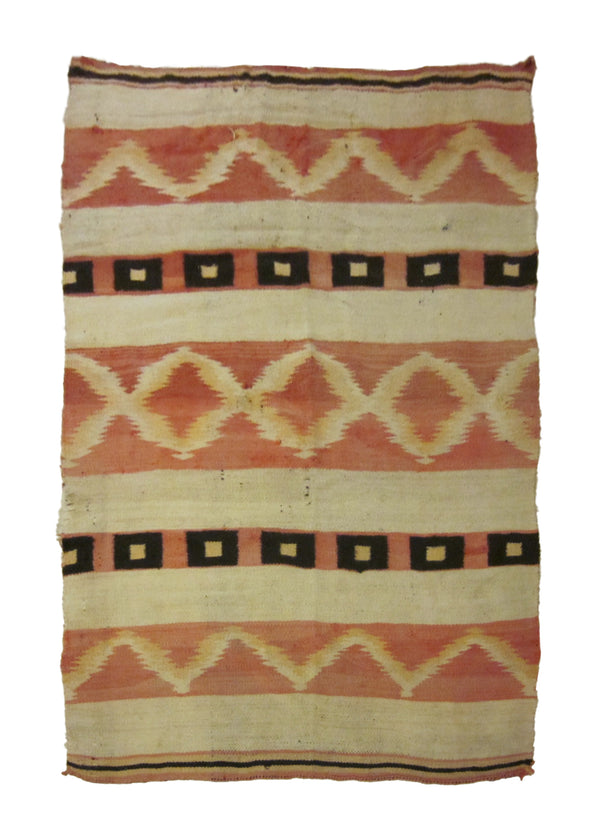 Native American Rug Navajo Handmade Area Tribal Antique 3'3"x4'10" (3x5) Whites/Beige Red Geometric Design #A23726