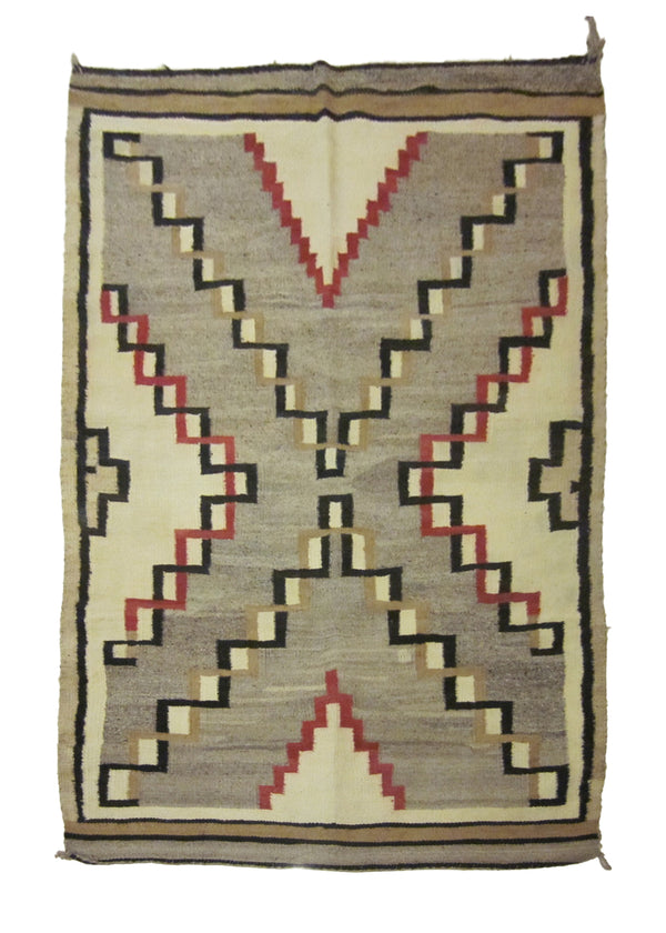 Native American Rug Navajo Handmade Area Tribal Antique 3'8"x5'3" (4x5) Gray Whites/Beige Red Geometric Design #A23728