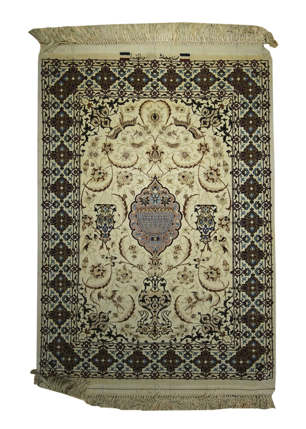 Persian Rug Isfahan Handmade Area Traditional 2'9"x3'10" (3x4) Whites/Beige Floral Design #A23987