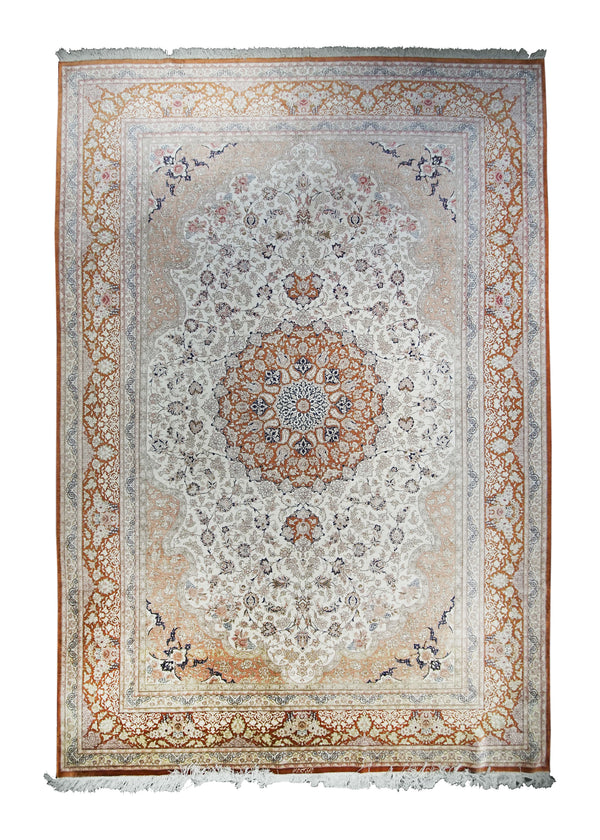 Persian Rug Qum Handmade Area Traditional 8'1"x11'7" (8x12) Whites/Beige Orange Floral Design #A23998