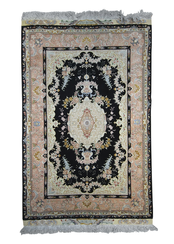 Persian Rug Tabriz Handmade Area Traditional 3'4"x5'3" (3x5) Black Pink Floral Naghsh Design #A24001
