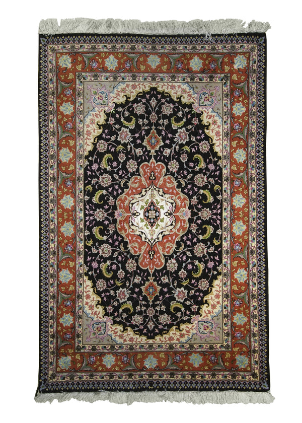 Persian Rug Tabriz Handmade Area Traditional 3'4"x5'2" (3x5) Black Pink Floral Naghsh Design #A24030