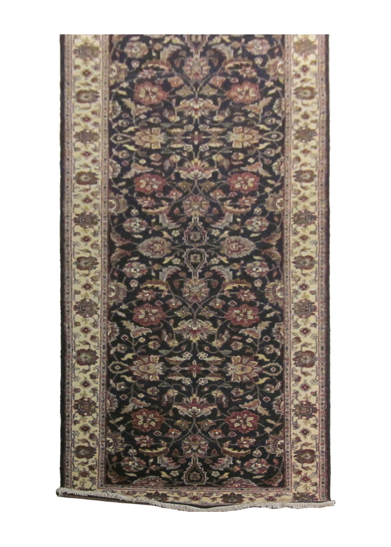 Oriental Rug Indian Handmade Runner Transitional 3'0"x11'8" (3x12) Black Whites/Beige Tea Washed Ghazni Floral Design #A24081