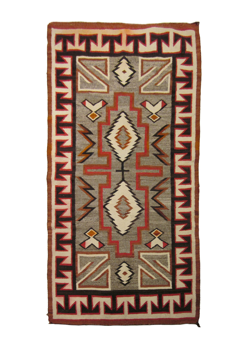 Native American Rug Navajo Handmade Area Tribal Antique 9'0"x12'0" (9x12) Gray Whites/Beige Red Geometric Design #A24113