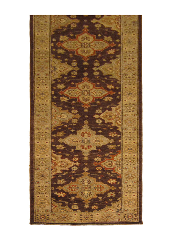 Oriental Rug Pakistani Handmade Runner Transitional 3'1"x13'10" (3x14) Brown Whites/Beige Antique Washed Oushak Floral Design #A24123