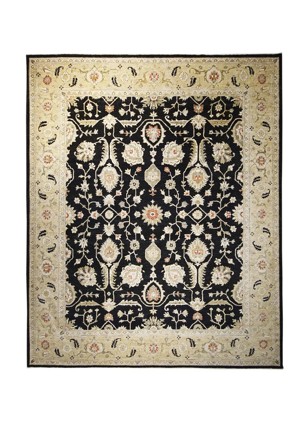 Oriental Rug Pakistani Handmade Area Transitional 8'3"x9'10" (8x10) Black Yellow/Gold Antique Washed Oushak Floral Design #A24127