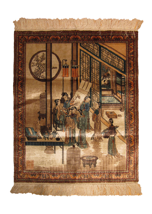 Oriental Rug Chinese Handmade Area Traditional 2'1"x2'5" (2x2) Whites/Beige Brown Multi-color Pictorial Design #A24177