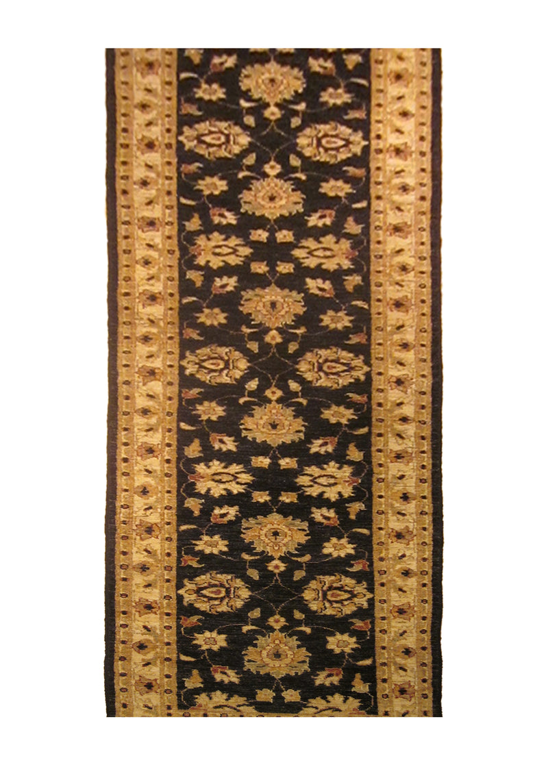 Oriental Rug Pakistani Handmade Runner Transitional 2'7"x19'9" (3x20) Black Whites/Beige Antique Washed Oushak Floral Design #A24233