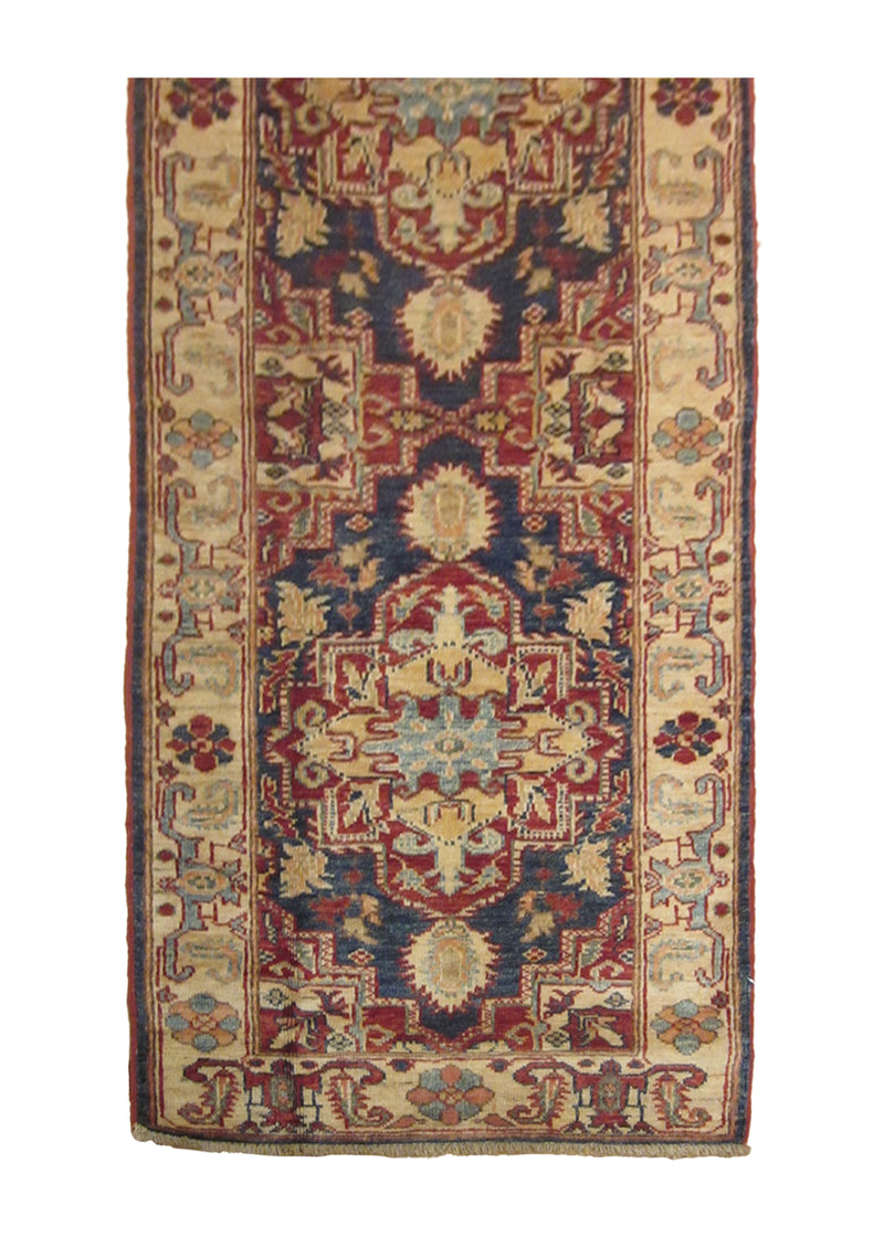 Oriental Rug Pakistani Handmade Runner Transitional 2'1"x5'6" (2x6) Blue Whites/Beige Red Ghazni Geometric Design #A24254