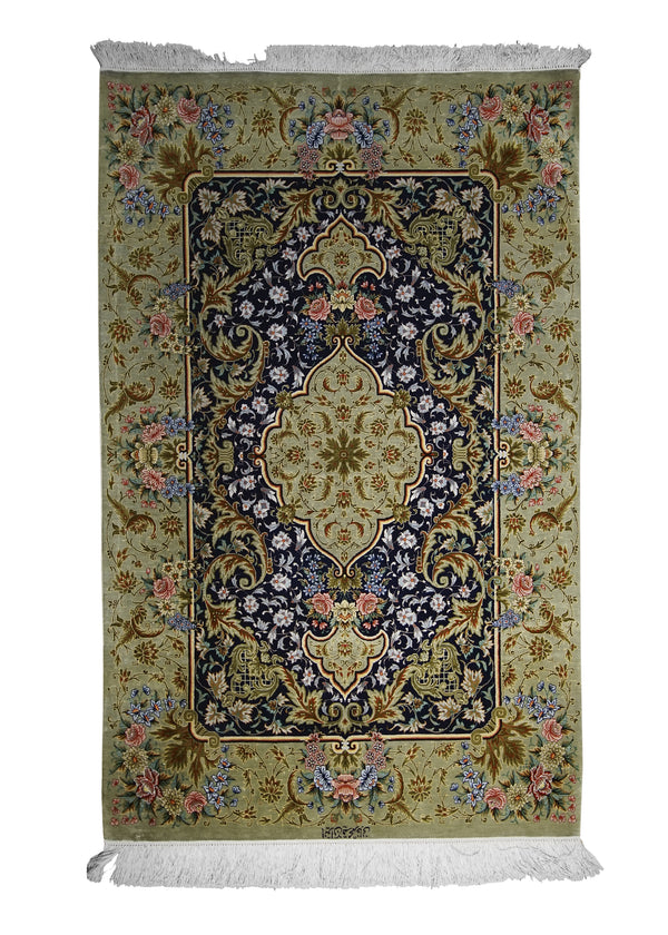 Persian Rug Qum Handmade Area Traditional 2'8"x4'3" (3x4) Blue Green Floral Design #A24326