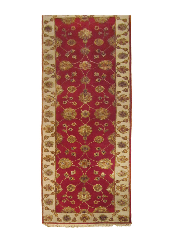 Oriental Rug Indian Handmade Runner Transitional 2'6"x8'1" (3x8) Red Whites/Beige Tea Washed Floral Design #A24358