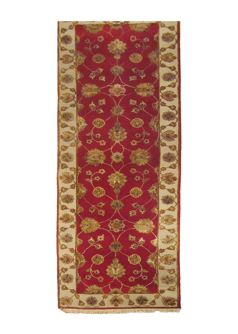 Oriental Rug Indian Handmade Runner Transitional 2'6"x8'1" (3x8) Red Whites/Beige Tea Washed Floral Design #A24358