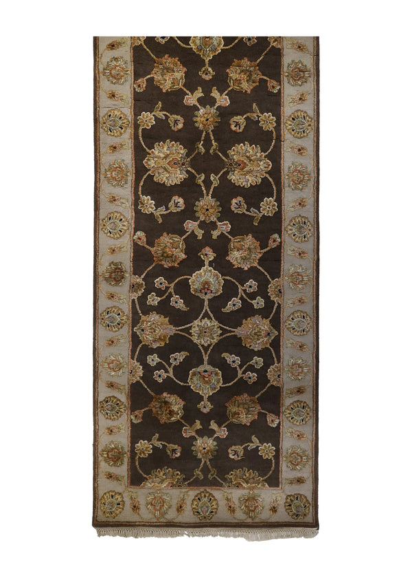 Oriental Rug Indian Handmade Runner Transitional 2'6"x10'2" (3x10) Brown Whites/Beige Tea Washed Floral Design #A24359