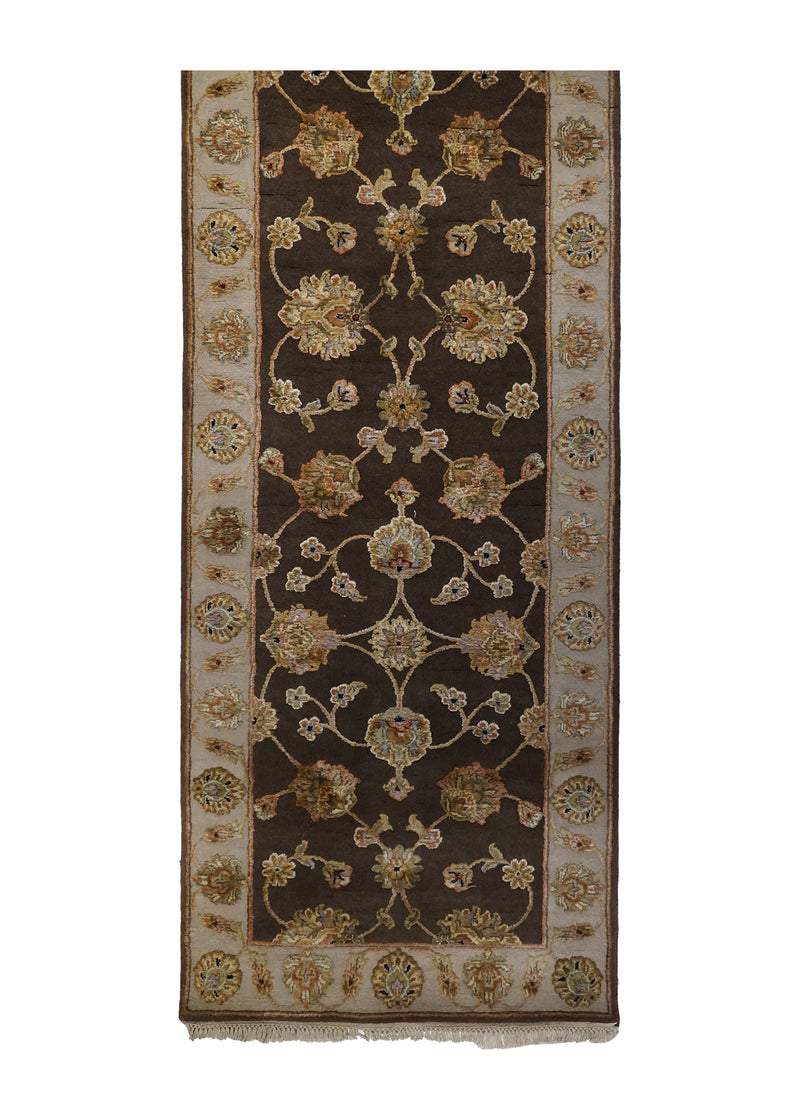 Oriental Rug Indian Handmade Runner Transitional 2'6"x10'2" (3x10) Brown Whites/Beige Tea Washed Floral Design #A24359