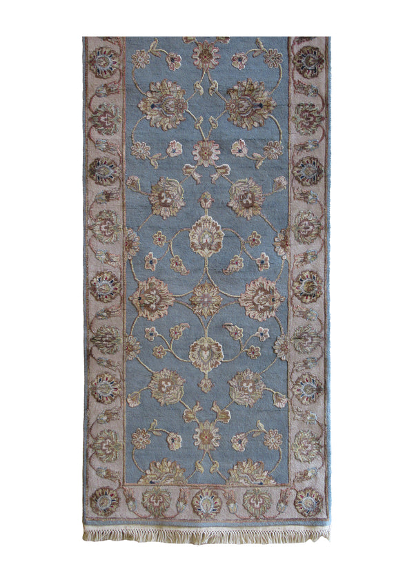 Oriental Rug Indian Handmade Runner Transitional 2'6"x10'0" (3x10) Blue Whites/Beige Tea Washed Floral Design #A24360