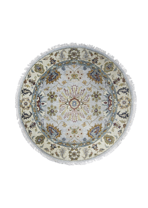 Oriental Rug Indian Handmade Round Transitional 3'0"x3'0" (3x3) Gray Whites/Beige Tea Washed Design #A24390