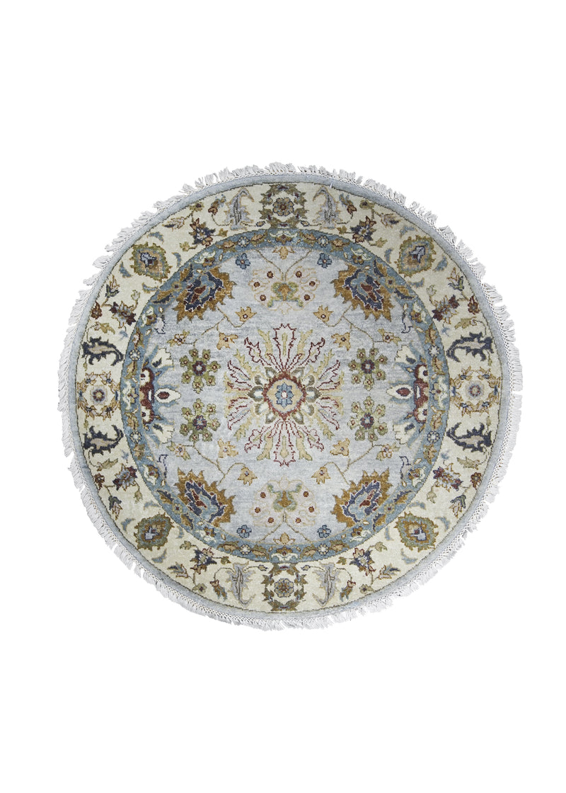 Oriental Rug Indian Handmade Round Transitional 3'0"x3'0" (3x3) Gray Whites/Beige Tea Washed Design #A24390