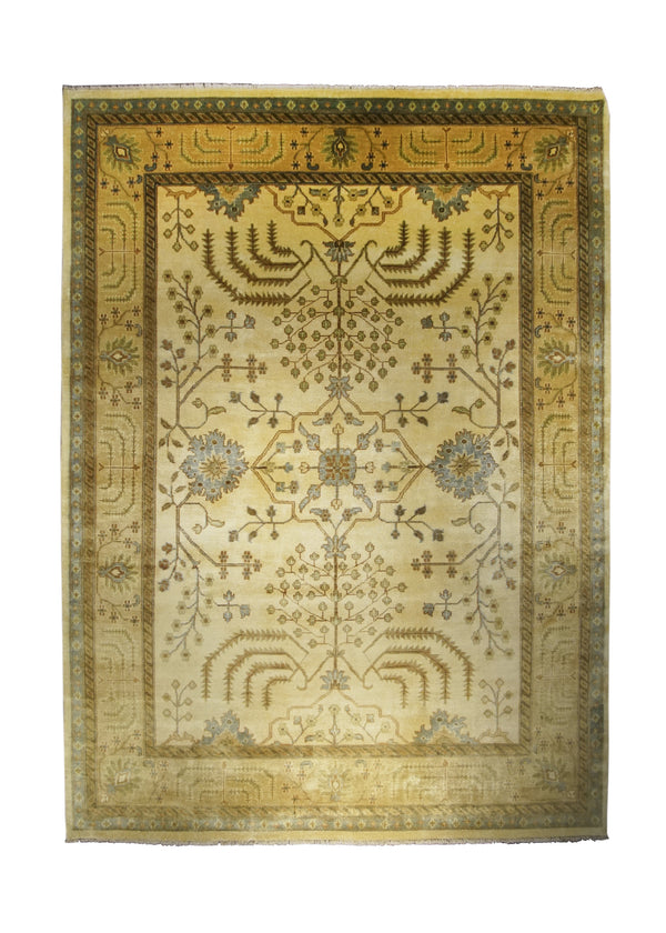 Oriental Rug Indian Handmade Area Transitional 8'11"x12'2" (9x12) Yellow/Gold Blue Tea Washed Oushak Design #A24407