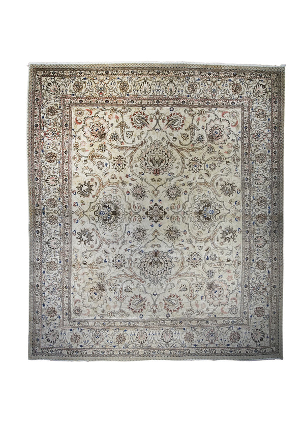 Persian Rug Tabriz Handmade Area Traditional Antique 10'4"x12'0" (10x12) Whites/Beige Brown Floral Design #A24427