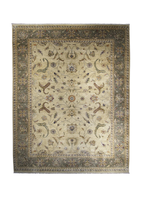 Oriental Rug Indian Handmade Area Transitional 9'0"x11'4" (9x11) Whites/Beige Green Tea Washed Floral Design #A24466