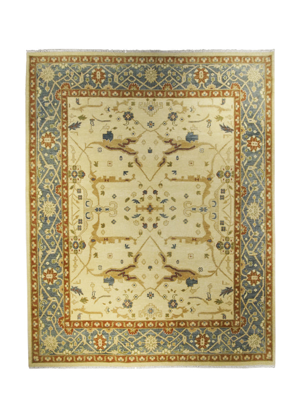 Oriental Rug Indian Handmade Area Transitional 8'0"x10'2" (8x10) Whites/Beige Blue Orange Tea Washed Oushak Floral Design #A24474