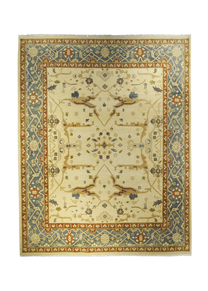 Oriental Rug Indian Handmade Area Transitional 8'0"x10'2" (8x10) Whites/Beige Blue Orange Tea Washed Oushak Floral Design #A24474