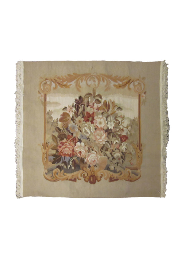 Oriental Rug Chinese Handmade Area Traditional 2'4"x2'5" (2x2) Whites/Beige Tapestry Design #A24576
