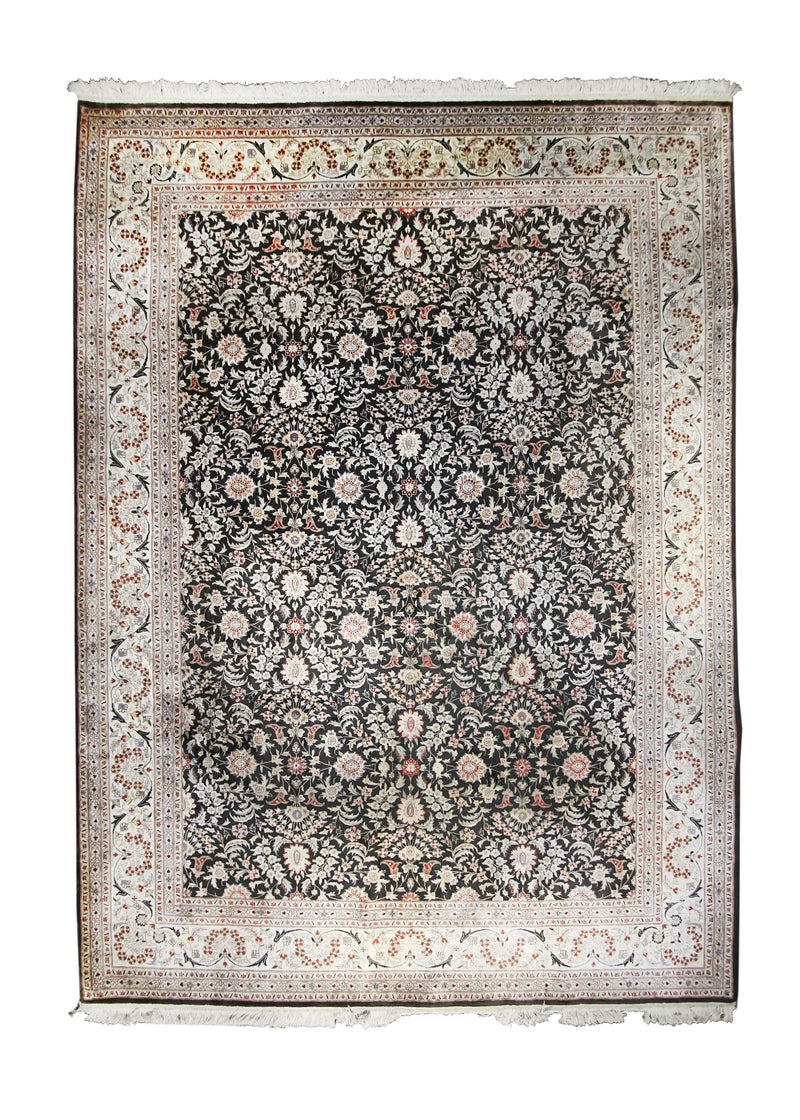Oriental Rug Chinese Handmade Area Traditional 9'1"x12'0" (9x12) Black Whites/Beige Floral Design #A24643