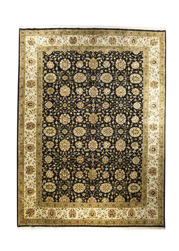 Oriental Rug Indian Handmade Area Transitional 9'0"x11'11" (9x12) Black Whites/Beige Yellow/Gold Tea Washed Oushak Design #A24647