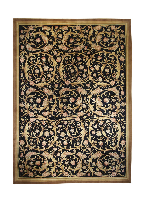Oriental Rug Chinese Handmade Area Transitional 10'0"x13'11" (10x14) Black Yellow/Gold Savonnerie Floral Design #A24737