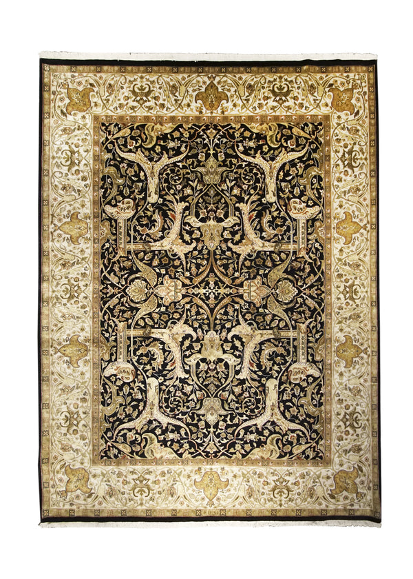 Oriental Rug Indian Handmade Area Transitional 9'0"x11'11" (9x12) Black Whites/Beige Tea Washed Isfahan Floral Design #A24744