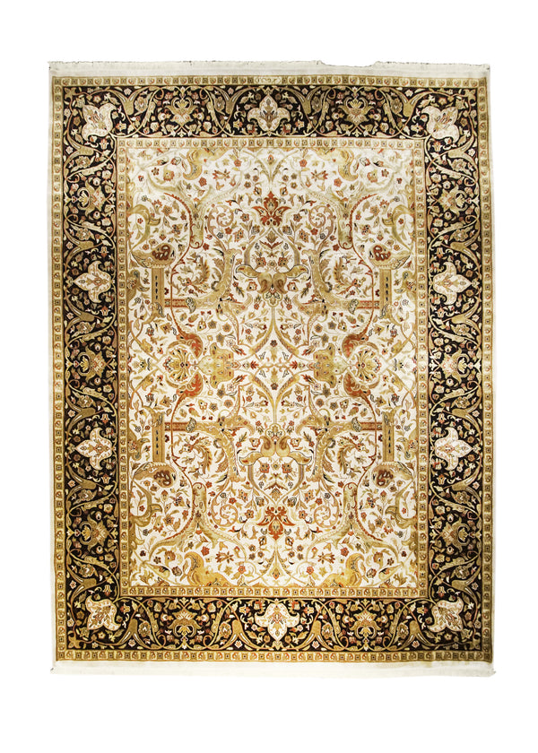 Oriental Rug Indian Handmade Area Transitional 9'0"x11'10" (9x12) Whites/Beige Black Tea Washed Isfahan Floral Design #A24745