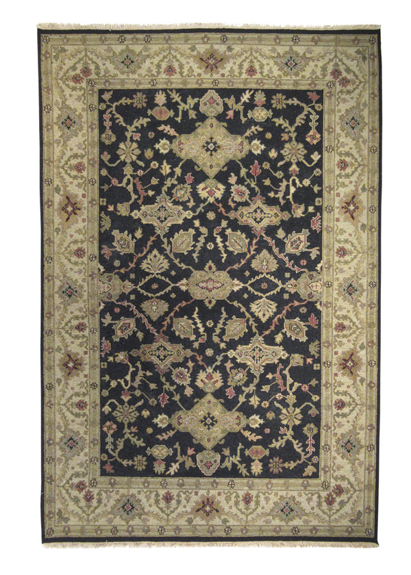 Oriental Rug Indian Handmade Area Traditional 5'11"x9'0" (6x9) Black Whites/Beige Floral Soumak Design #A24796