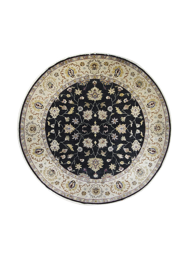 Oriental Rug Indian Handmade Round Traditional 7'8"x7'8" (8x8) Black Whites/Beige Tea Washed Design #A24812