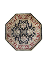 Oriental Rug Indian Handmade Round Traditional 7'10"x7'11" (8x8) Black Red Octagon Tea Washed Floral Design #A24821