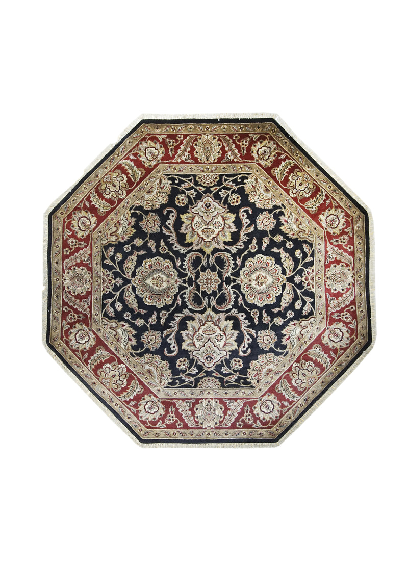 Oriental Rug Indian Handmade Round Traditional 7'10"x7'11" (8x8) Black Red Octagon Tea Washed Floral Design #A24821