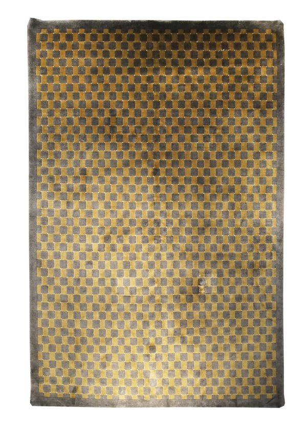 Oriental Rug Nepalese Handmade Area Modern 8'4"x12'10" (8x13) Yellow/Gold Gray Checkered Plain Design #A24837