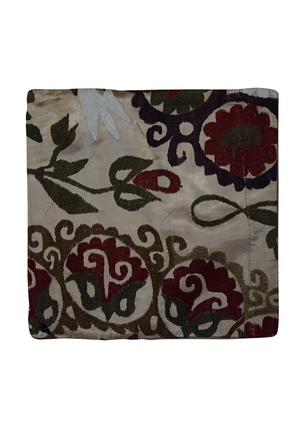 Oriental Rug Uzbek Handmade Pillow Traditional 1'4"x1'4" (1x1) Whites/Beige Suzani Floral Design #A24873