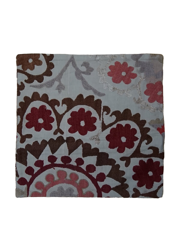 Oriental Rug Uzbek Handmade Pillow Traditional 1'4"x1'4" (1x1) Whites/Beige Suzani Floral Design #A24874