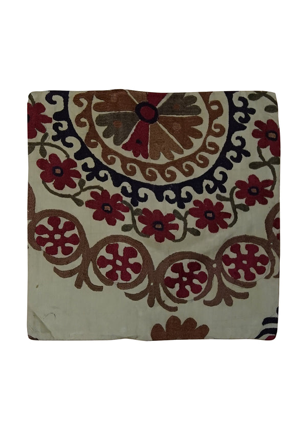 Oriental Rug Uzbek Handmade Pillow Traditional 1'4"x1'4" (1x1) Whites/Beige Suzani Floral Design #A24875