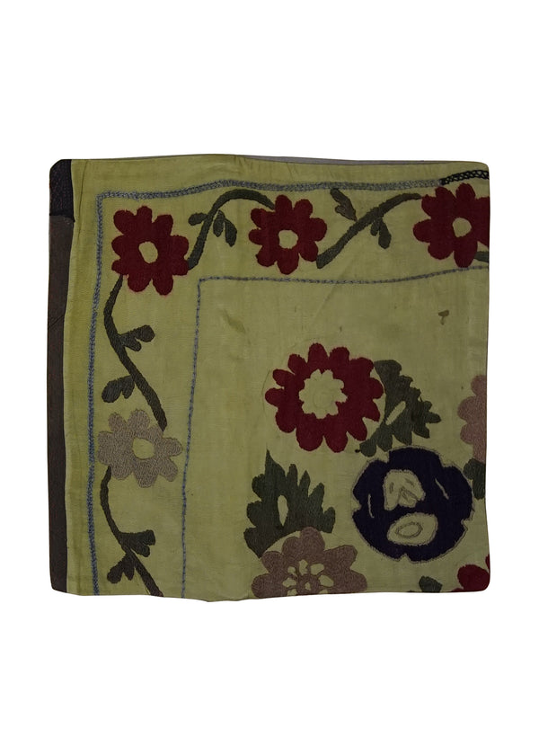 Oriental Rug Uzbek Handmade Pillow Traditional 1'4"x1'4" (1x1) Yellow/Gold Suzani Floral Design #A24877