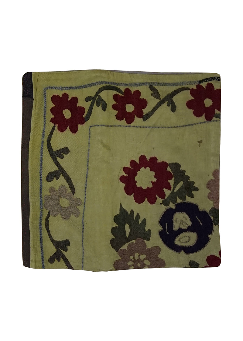 Oriental Rug Uzbek Handmade Pillow Traditional 1'4"x1'4" (1x1) Yellow/Gold Suzani Floral Design #A24877