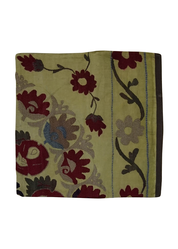 Oriental Rug Uzbek Handmade Pillow Traditional 1'4"x1'4" (1x1) Yellow/Gold Suzani Floral Design #A24878