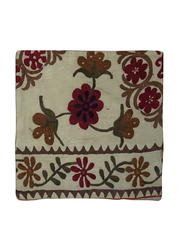 Oriental Rug Uzbek Handmade Pillow Traditional 1'4"x1'4" (1x1) Whites/Beige Suzani Floral Design #A24881