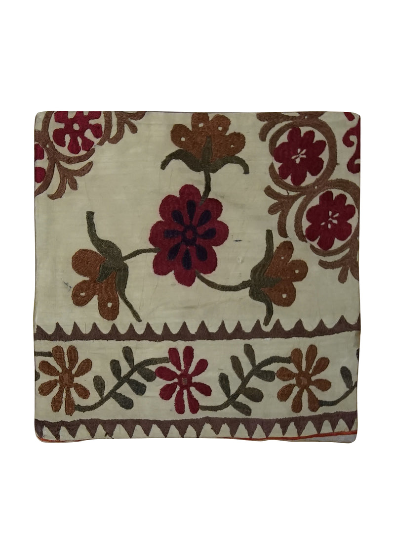 Oriental Rug Uzbek Handmade Pillow Traditional 1'4"x1'4" (1x1) Whites/Beige Suzani Floral Design #A24881